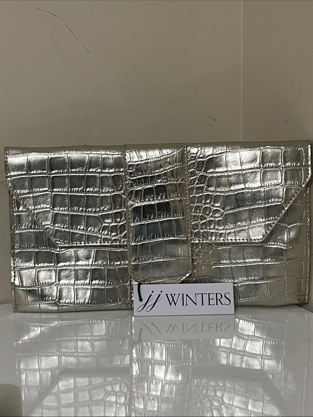 JJ Winters Nikki Glam Platinum Vegan Clutch, NWT 12”W x 6.5”L One Size, MSRP $79
